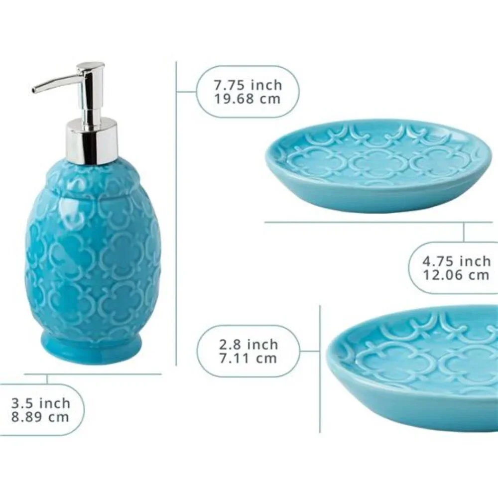 Blue Ceramic Bathroom Accessory Set 4 Piece Soap Dish Toothbrush Holder Tumbler